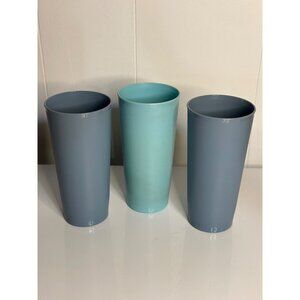 VTG 80s Tupperware Set 3 Plastic Tumblers Gray Teal Retro Cups 6.75" Drinkware